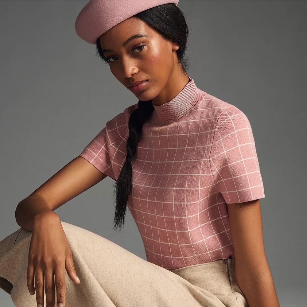 Anthropologie Maeve Rose Grid Mock-Neck Sweater Top (runs large, boob friendly!)